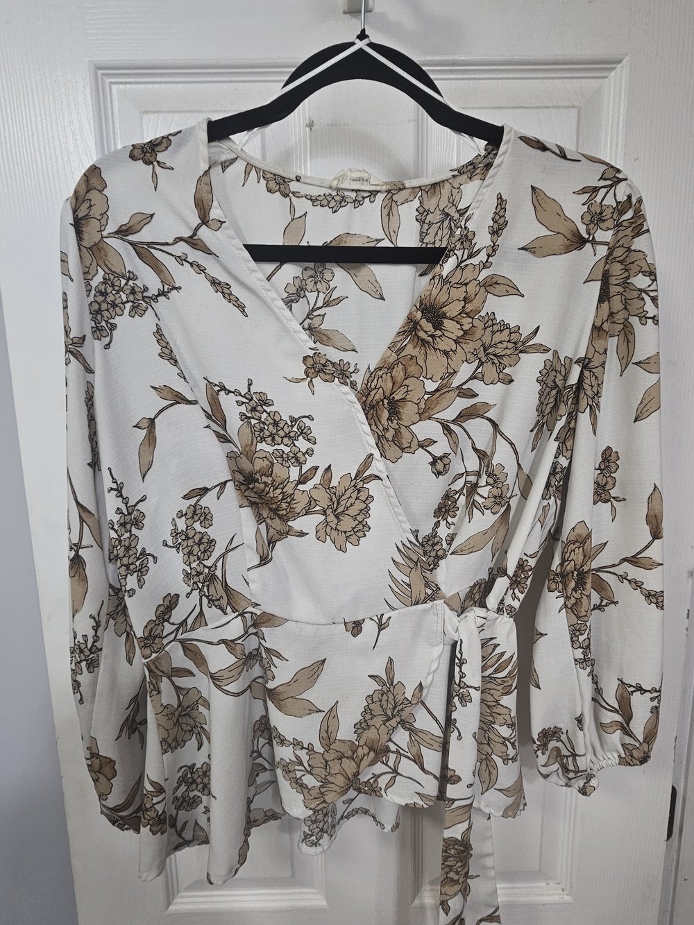 meraki Floral Wrap Peplum Dress - Cream & Brown Sz XL